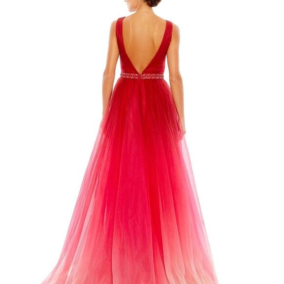 NEW | Mac Duggal 20378 Beaded Belt Wrap Over Sleeveless Ballgown Red Ombre 18 - Picture 2 of 5